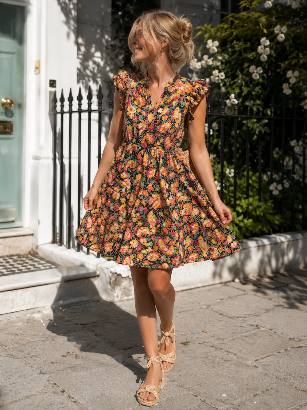 Umgee Black Multi Floral Ruffle Mini Dress